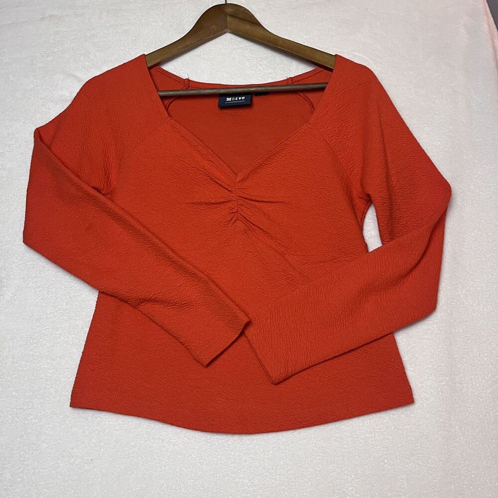 Maeve Anthropologie Orange Textured V Neck Ruched Long Sleeve Top Womens M